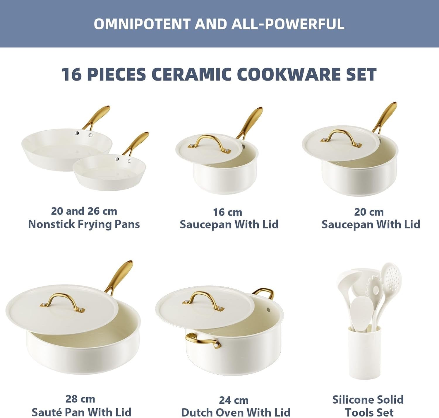 16Pcs Beige Ceramic Non Stick Cookware Set with Lids & Utensils Induction Safe