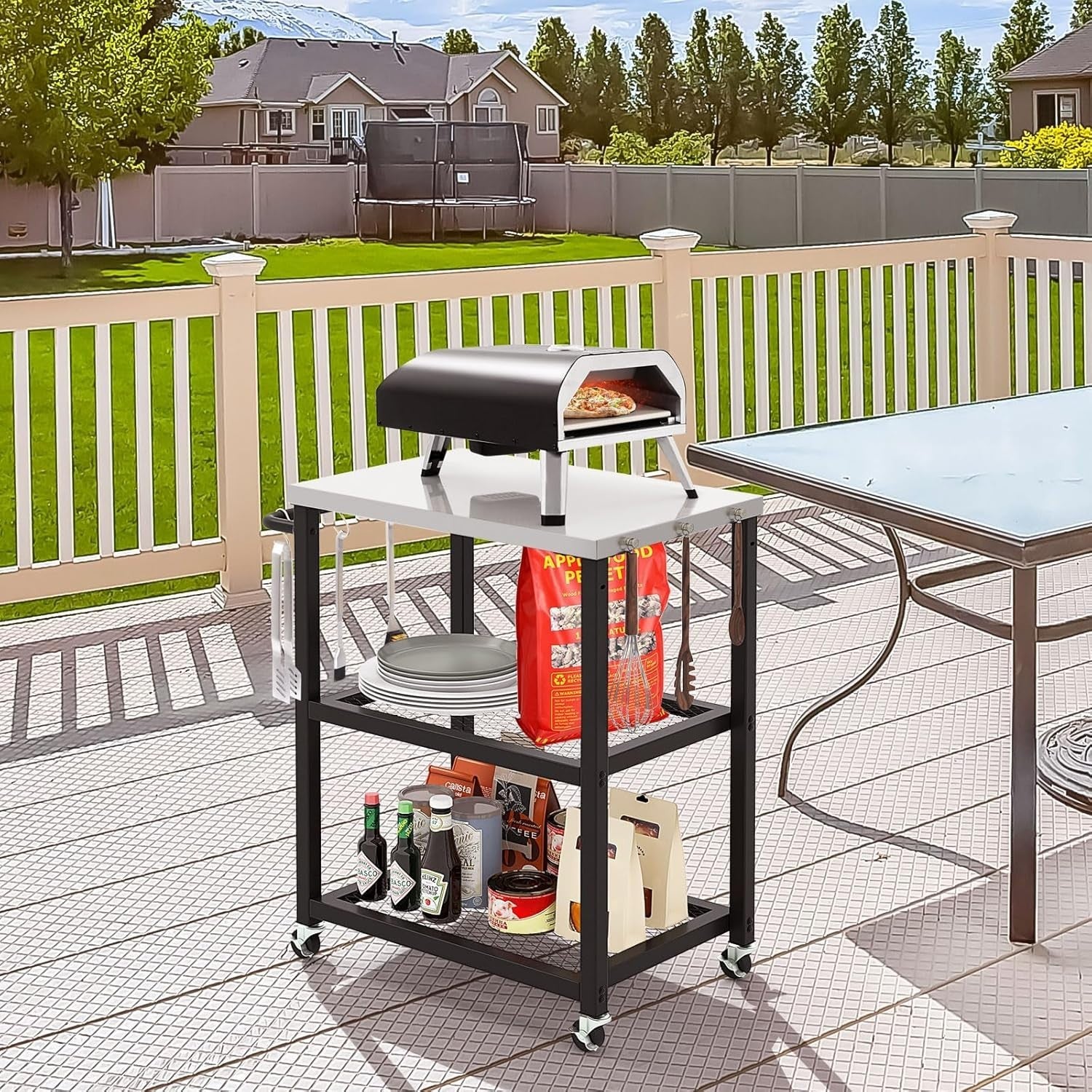 3-Tier Outdoor Grill Cart Pizza Oven Stand Stainless Steel Top BBQ Trolley 72x41