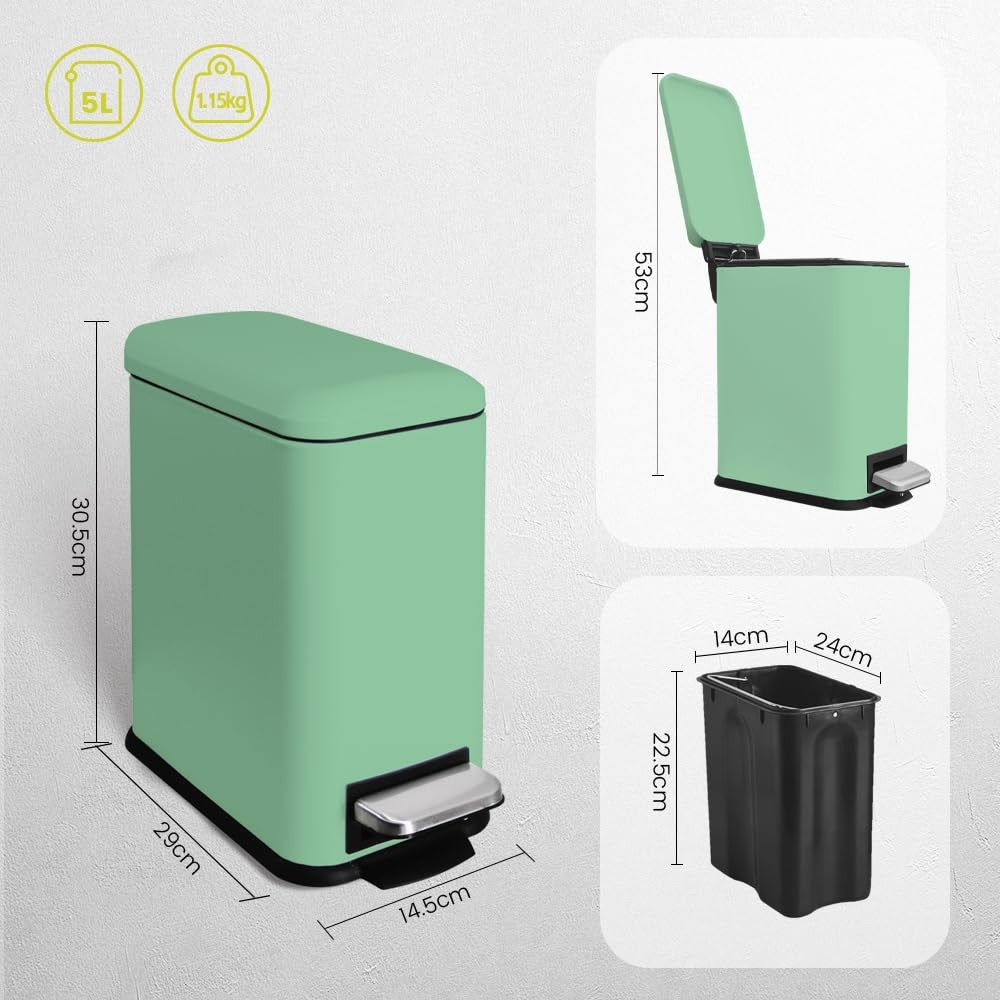 5L Bathroom Pedal Bin Soft Close Stainless Steel Green
