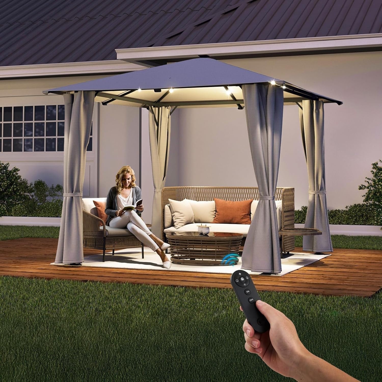 3x3M Metal Gazebo with Solar LED Lights & Curtains | Remote Control Outdoor