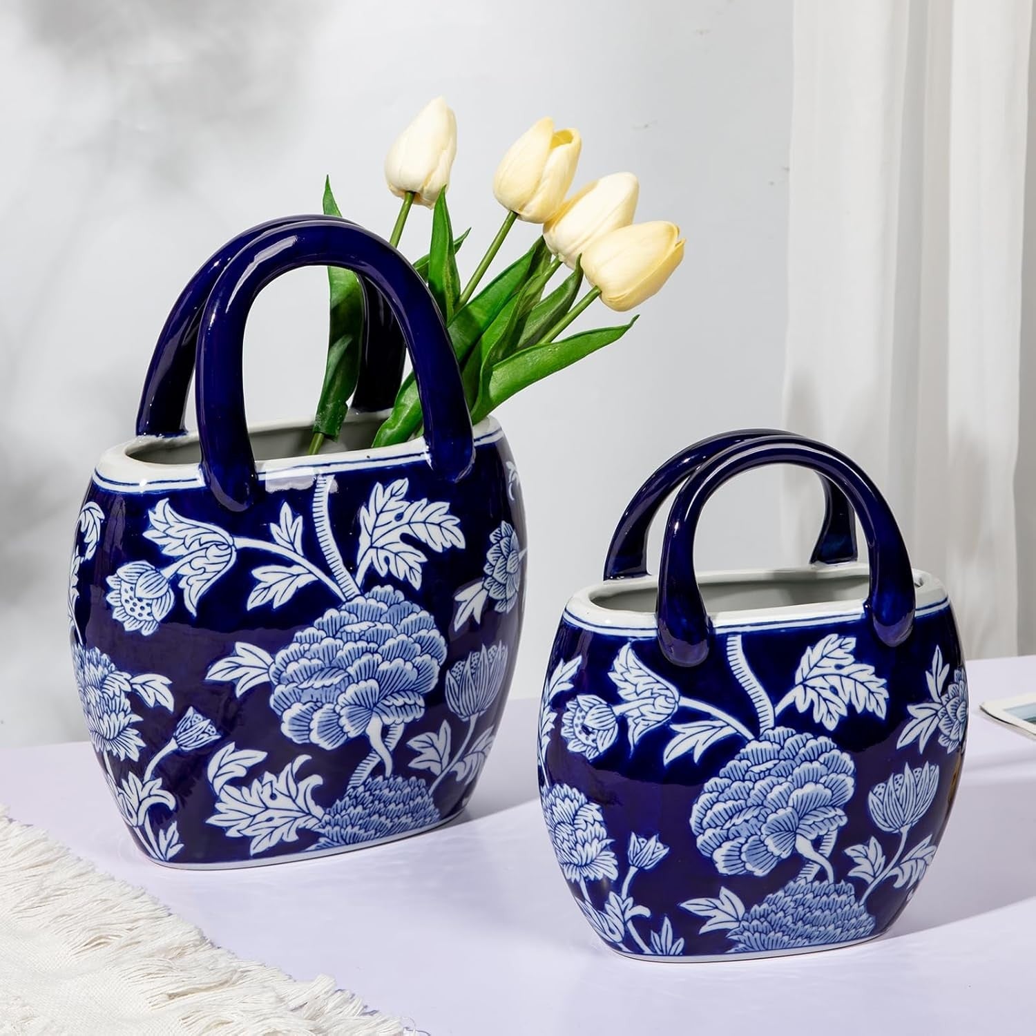 Blue White Ceramic Flower Vase Handbag Style Chinoiserie Table Decor 23cm