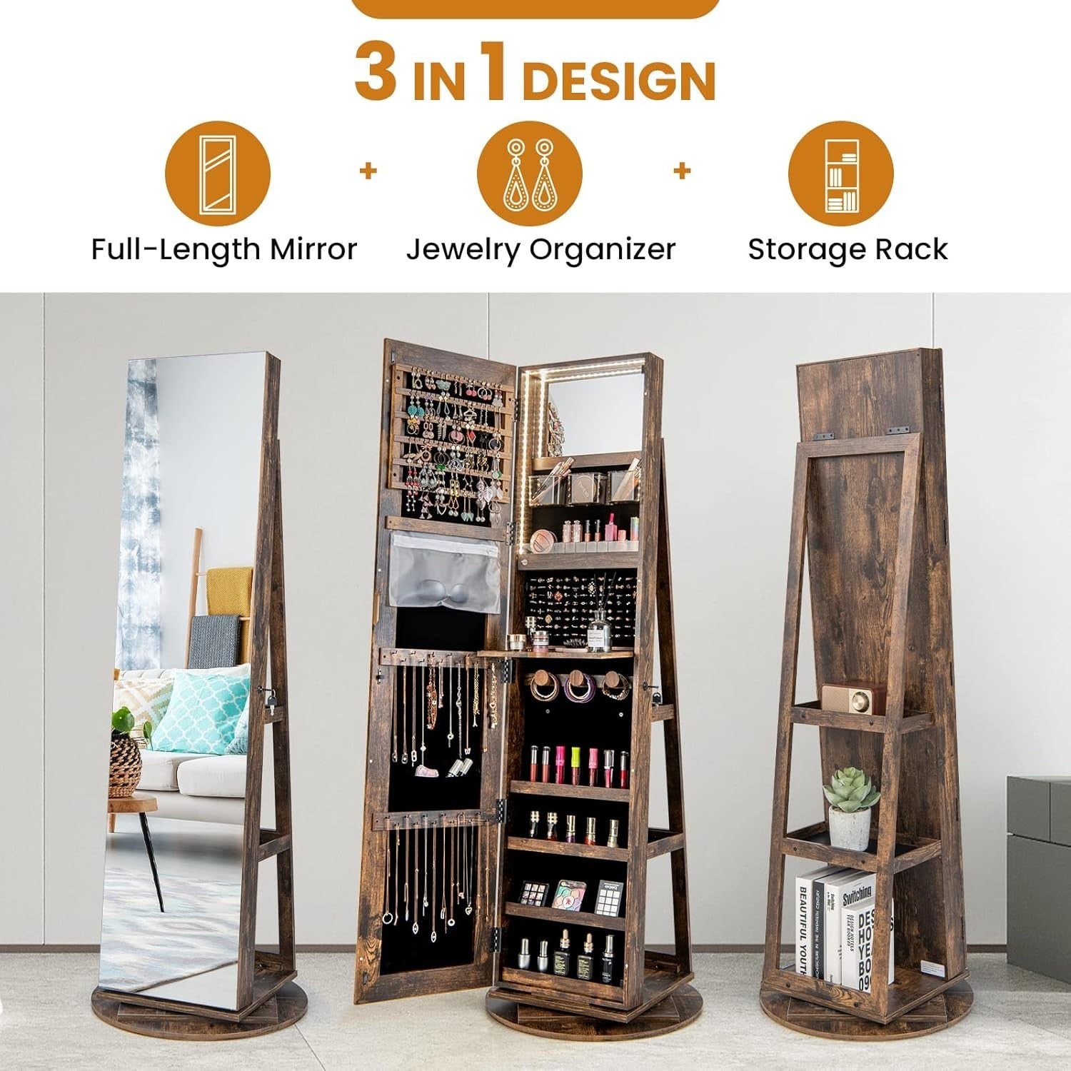 Rustic Brown 360° Swivel LED Jewelry Cabinet Mirror Lockable 3-in-1