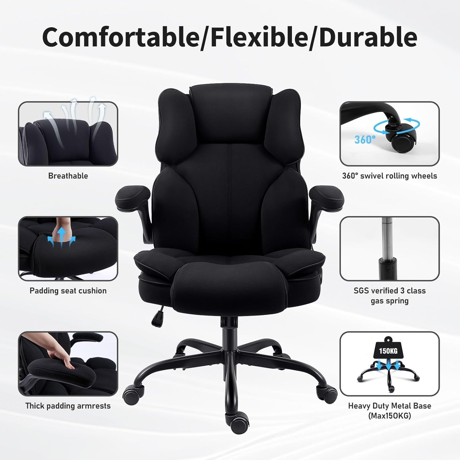 Ergonomic Office Chair Fabric 90° Flip-Up Arms Black