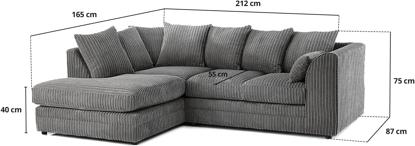 4 Seater Grey Jumbo Cord Scatter Back Right Hand Corner Sofa with Deep Seats
