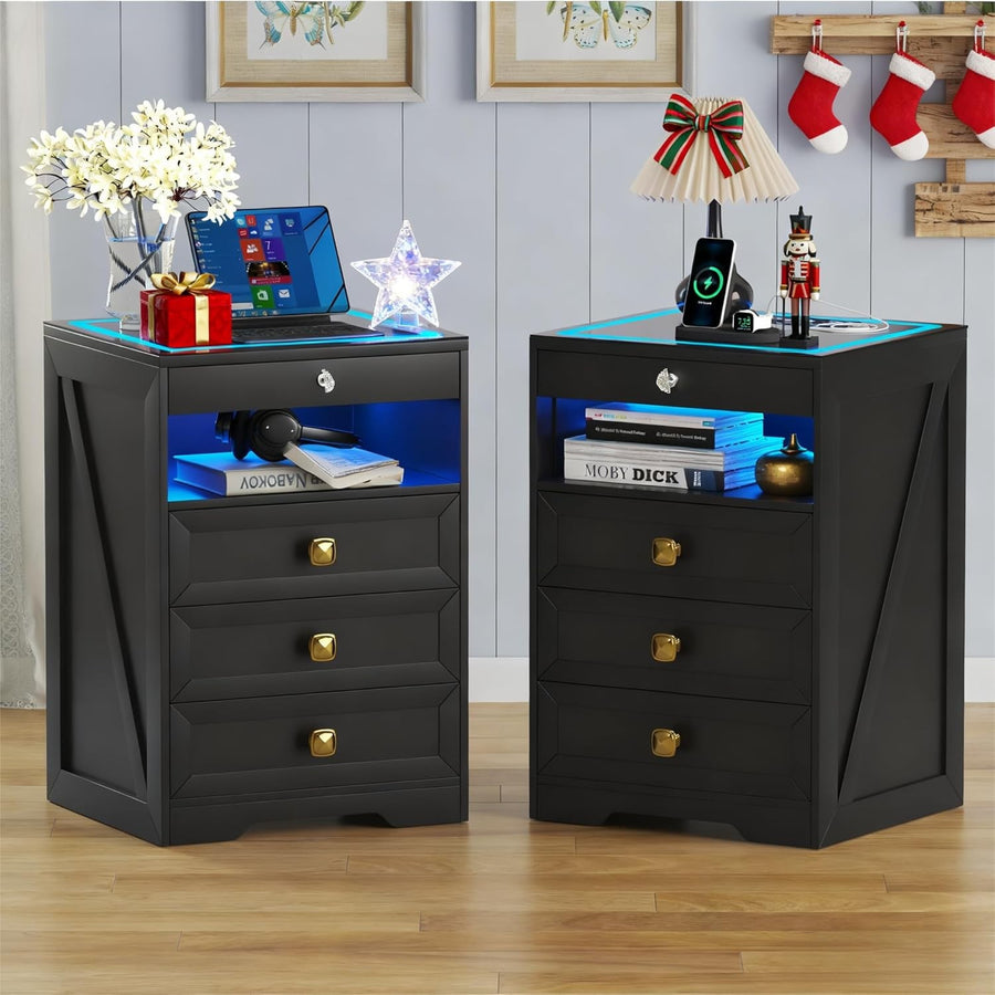 Set of 2 Black LED Bedside Tables Wireless Charging, Glass Top & Hidden Dra