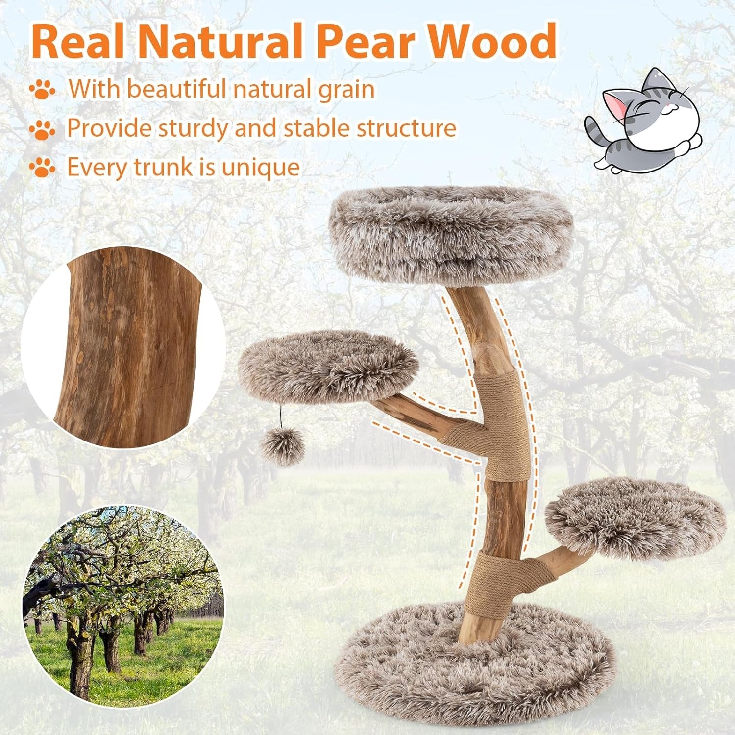 92cm Wooden Cat Tree Multi Level Tower with Plush Perch & Jute Scratching