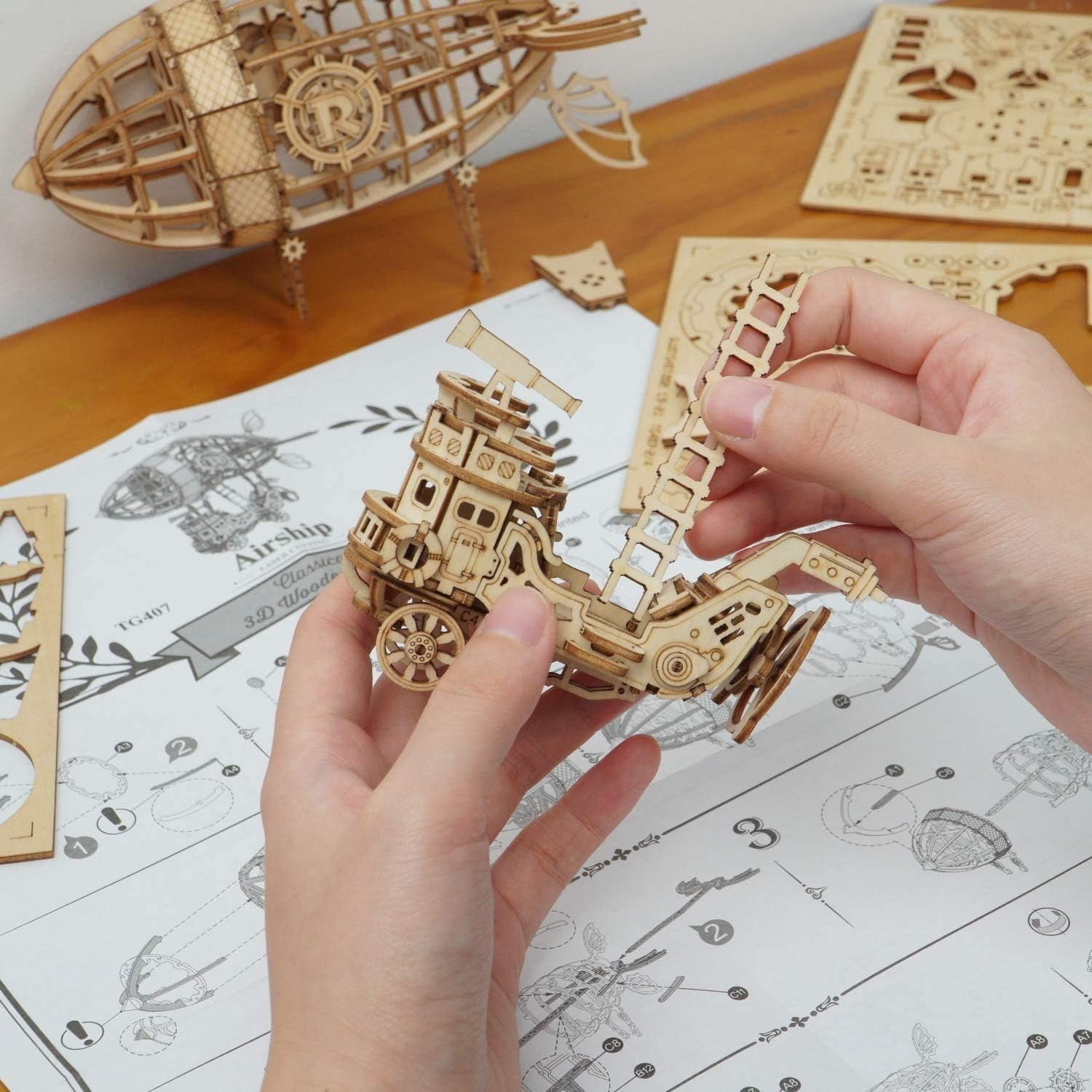 3D Wooden Airship Puzzle Kit with Steampunk Design for Kids & Adults