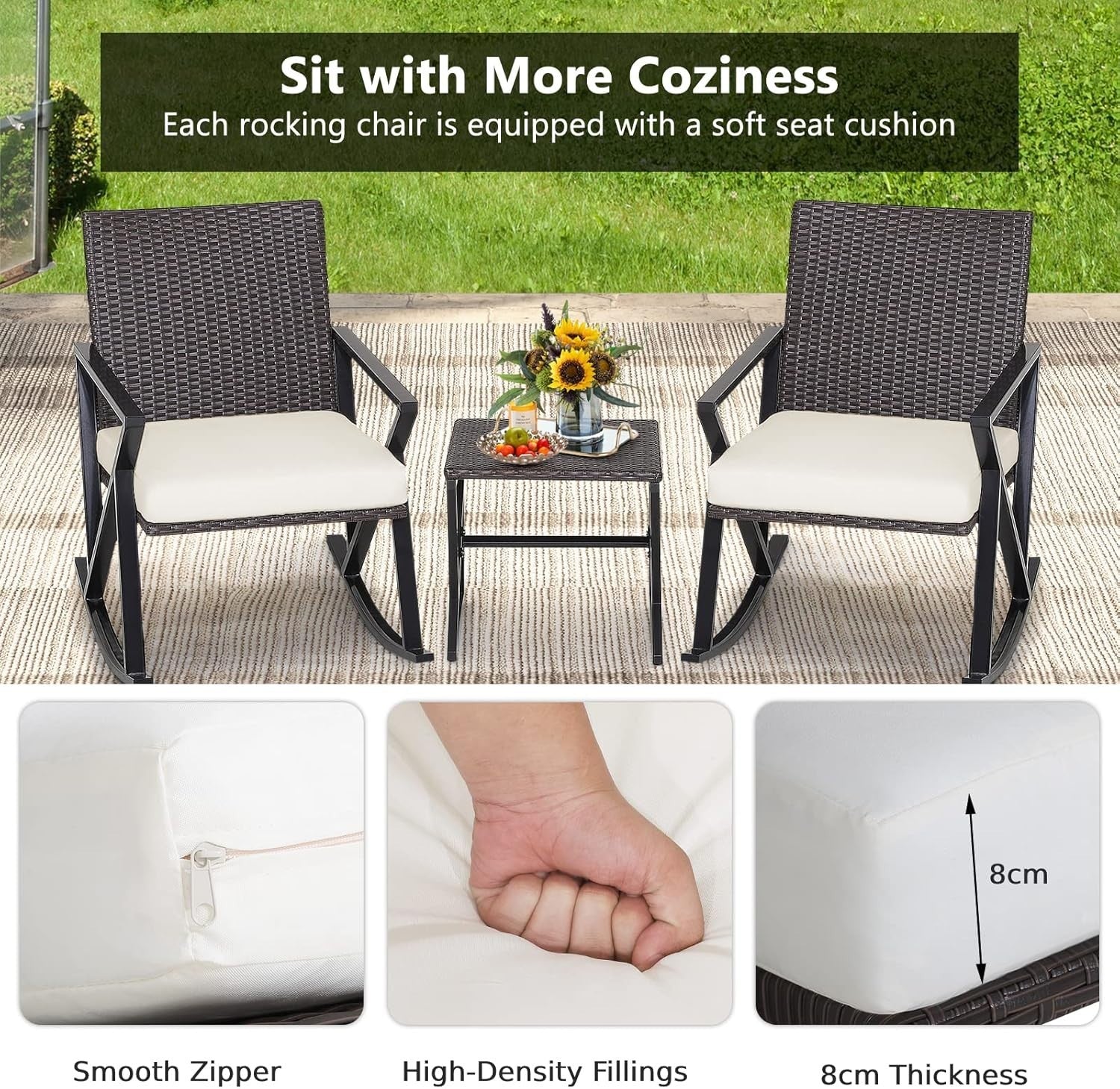 3-Piece Outdoor Patio Rattan Bistro Set Rocking Chairs with Cushions & Table