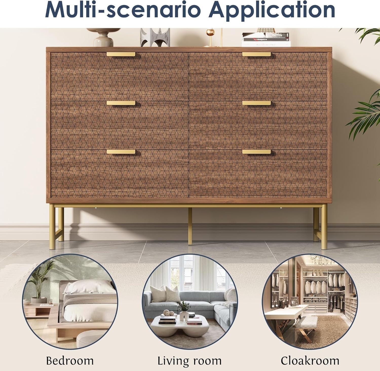 120cm Walnut Sideboard Chest with 6 Drawers for Hallway or Bedroom
