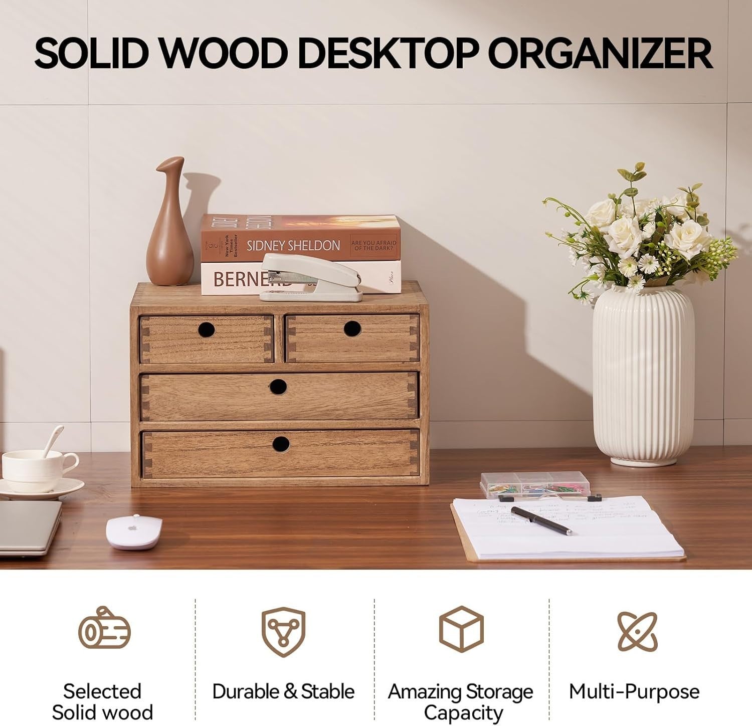 Wood Desktop Organizer 4 Drawer Office Storage Makeup File Box