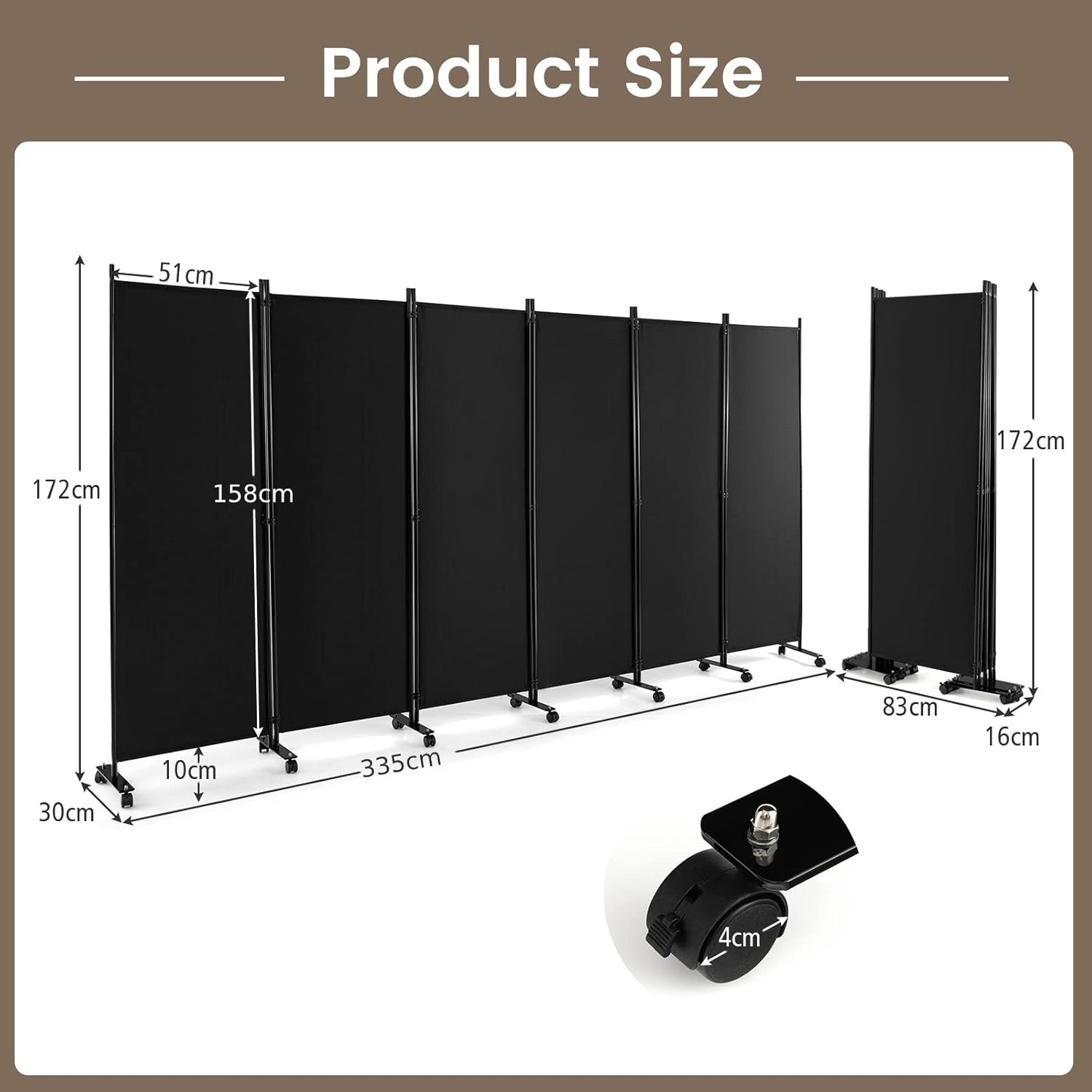 6 Panel Folding Room Divider Privacy Screen Black Metal Frame 335x172cm