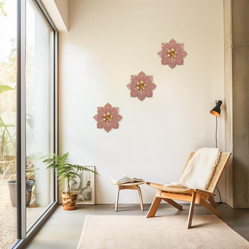 3Pcs Pink Metal Flower Wall Art 3D Modern Floral Decor