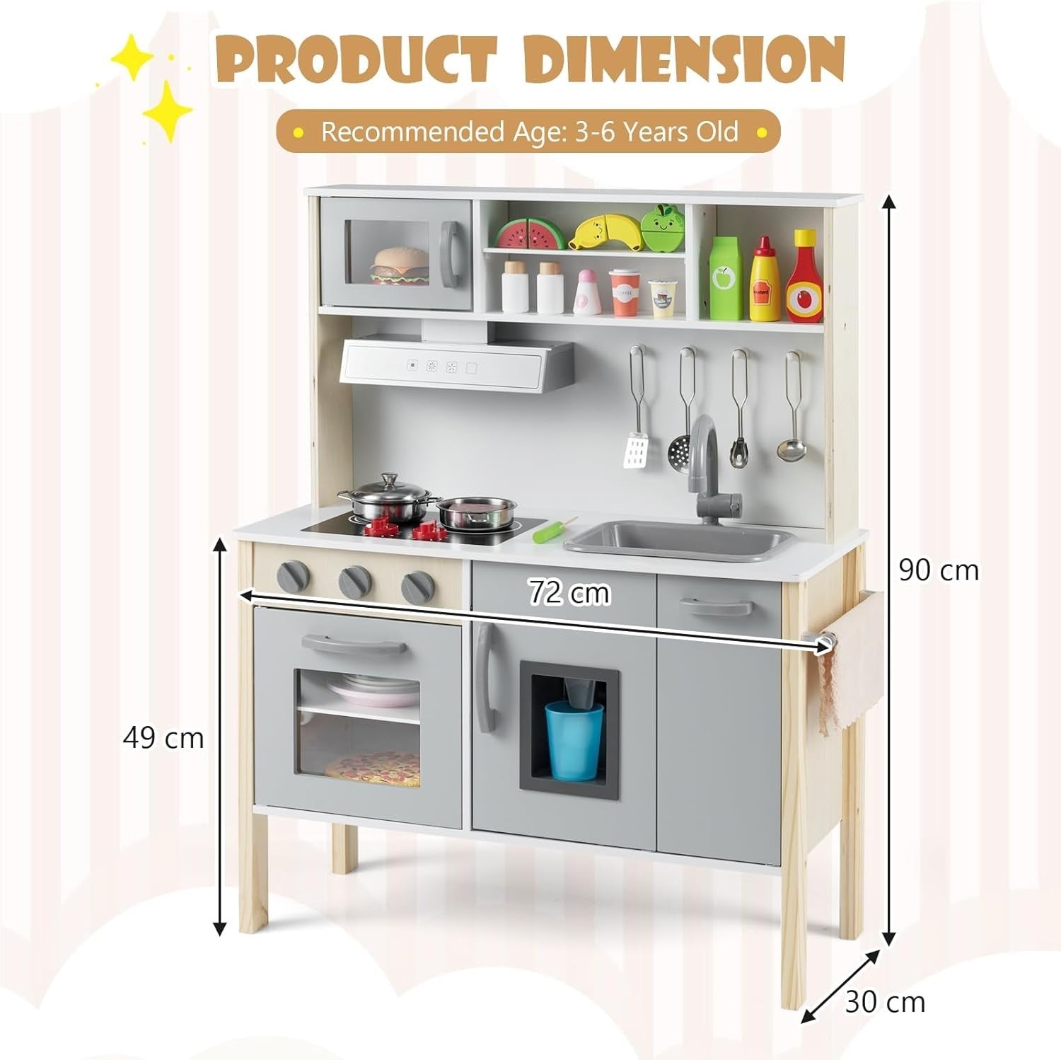 Wooden Kids Play Kitchen Grey Toy Set Microwave Oven Ice Maker Sound