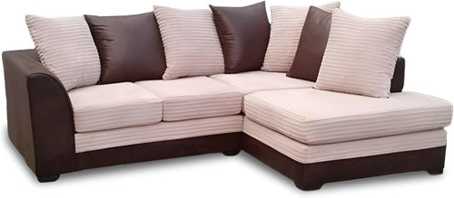 Brown Beige 5-Seater L-Shaped Corner Sofa with Durable Faux Leather & Cord