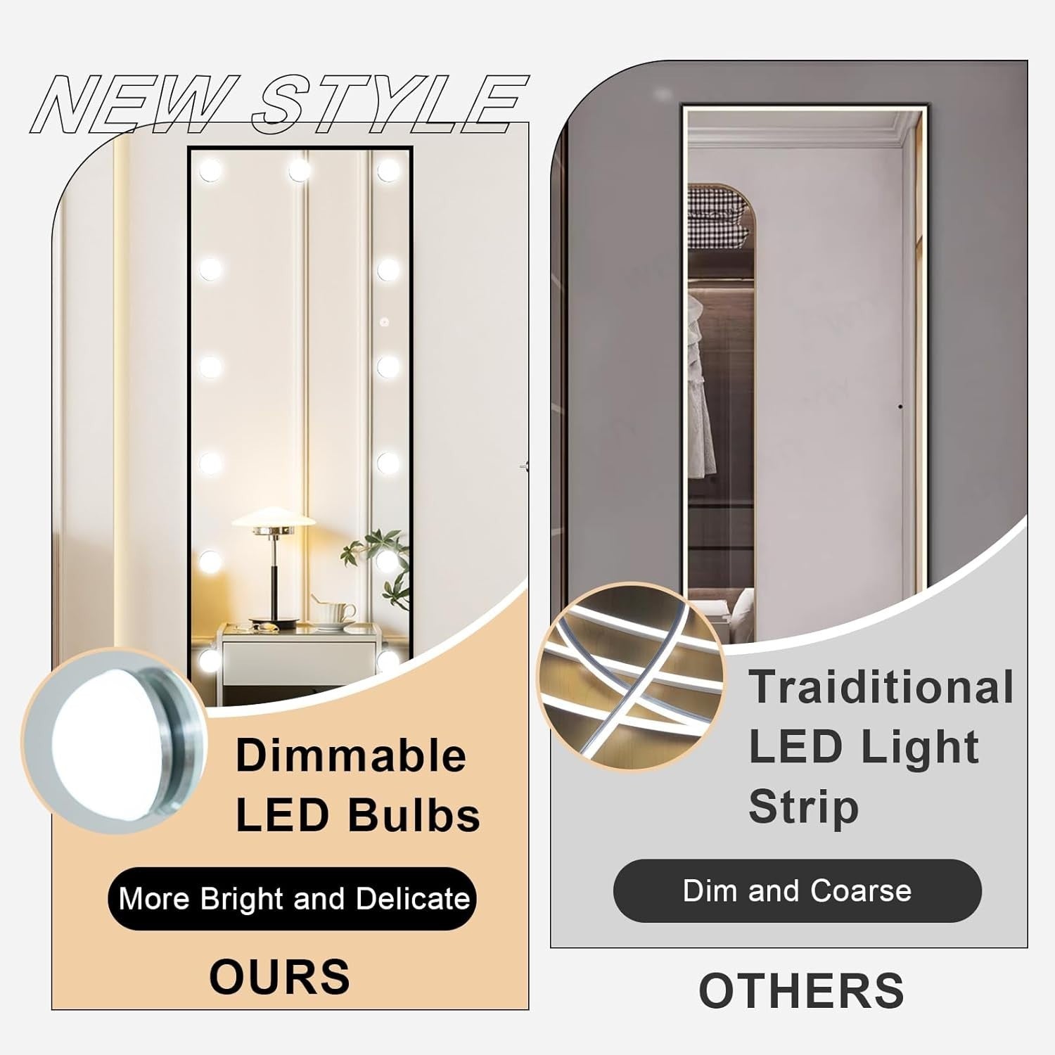LED Hollywood Full-Length Mirror 140x50cm with Dimmable Lights & 3 Modes