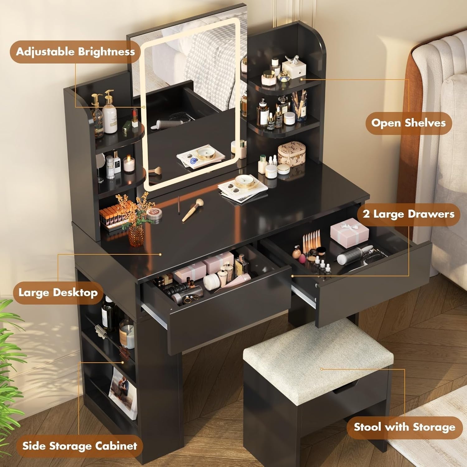 Vanity Dressing Table with LED Mirror Makeup Desk 2 Drawers & Linen Stool