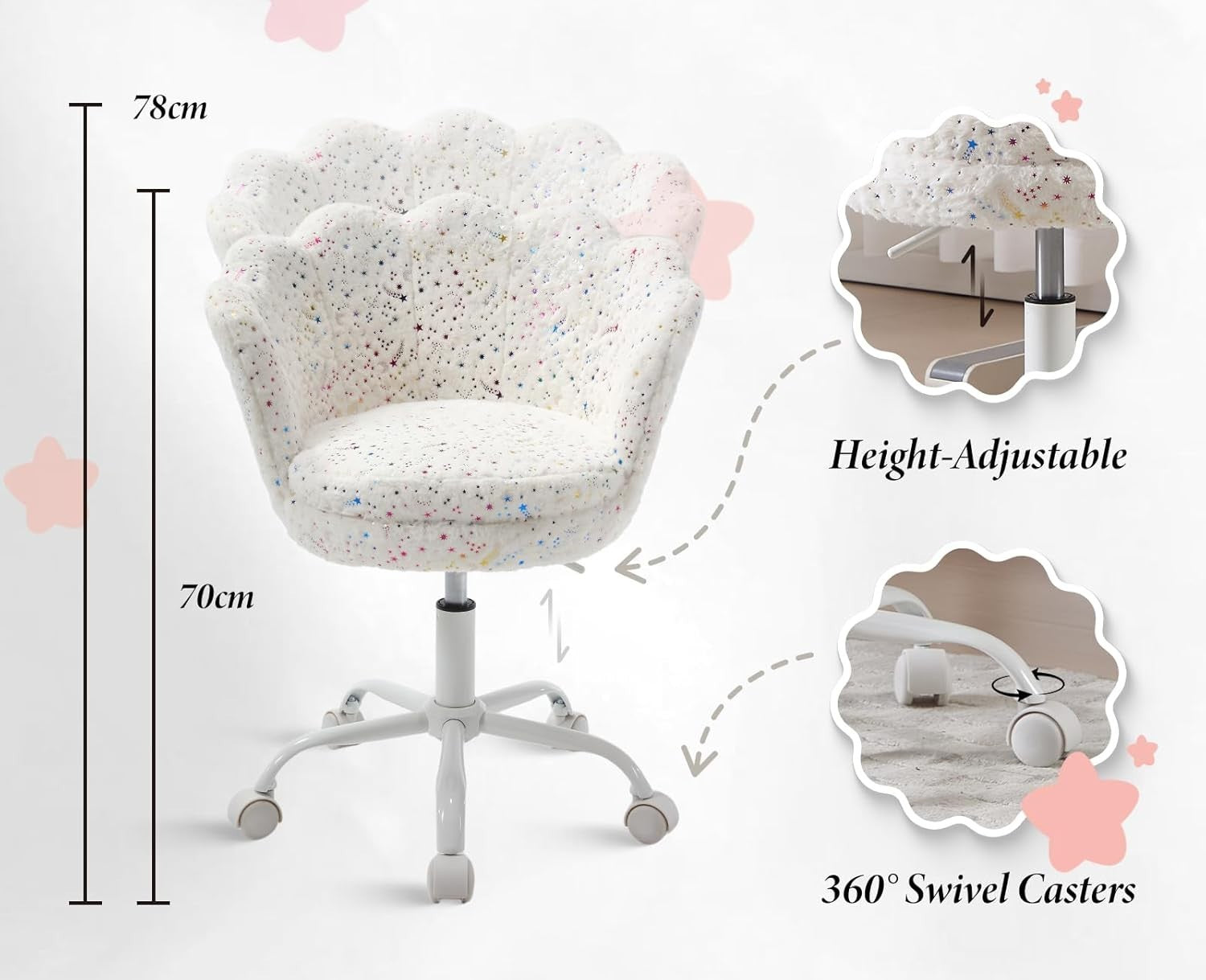 Kids Swivel Desk Chair Height Adjustable Velvet Upholstered Study Seat White