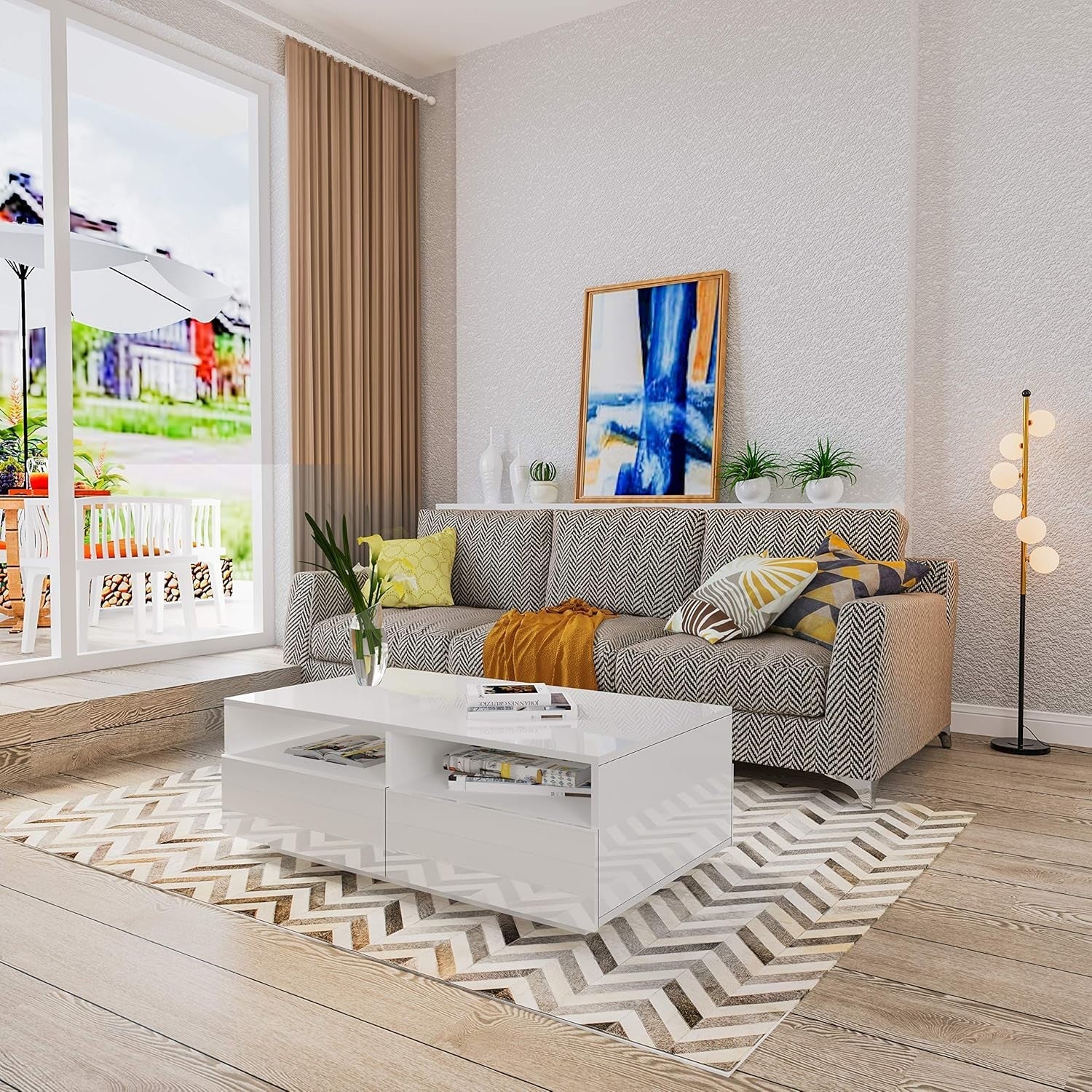 Modern White Gloss Coffee Table with 4 Drawers Storage 85x55x35cm