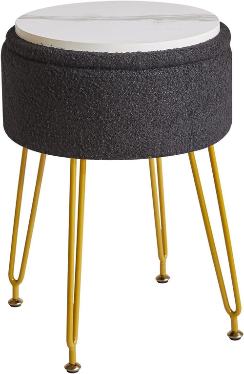 Black Teddy Velvet Storage Footrest Stool – Vanity Ottoman with Golden Legs