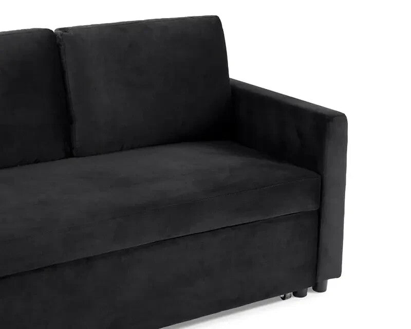3 Seater Sofa Bed Pull-Out Reversible Chaise Black Velvet Storage Couch