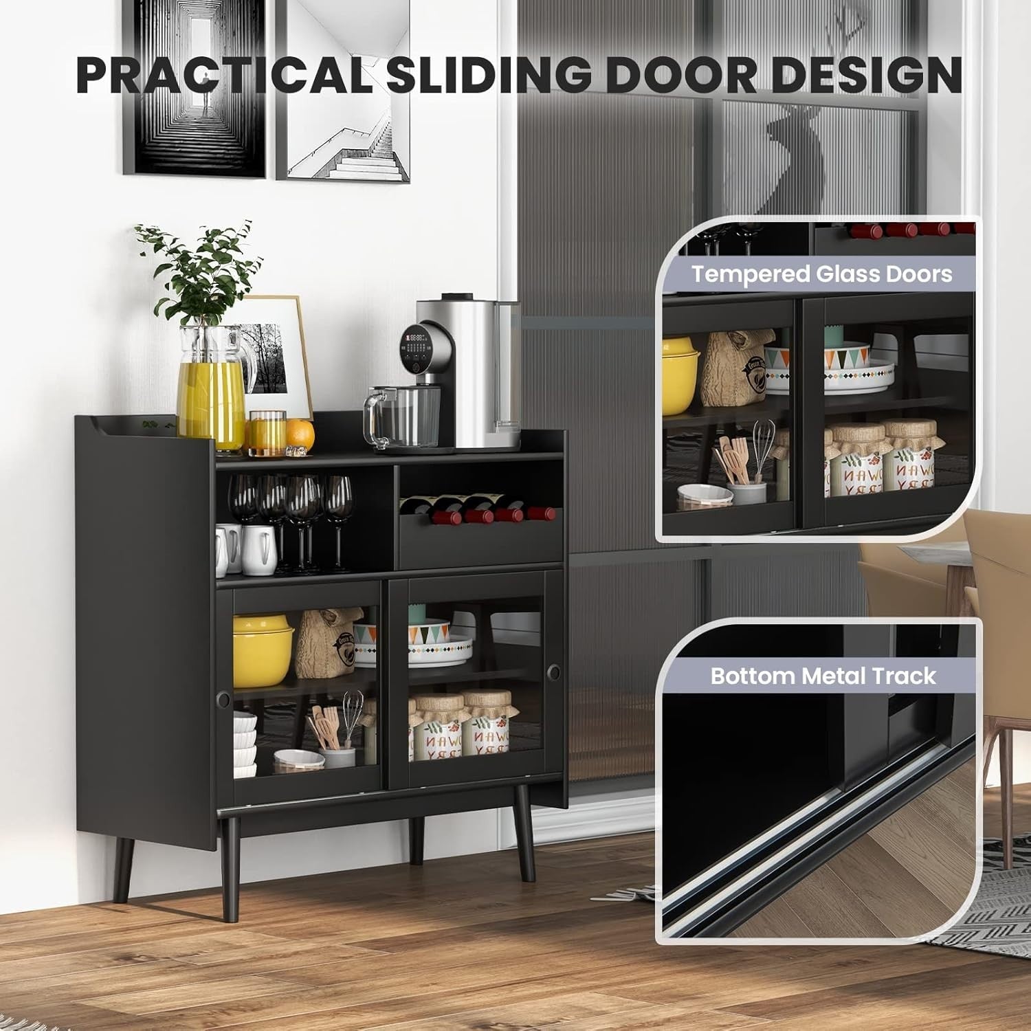 Modern Buffet Sideboard Drinks Cabinet with Wine Rack & Glass Doors