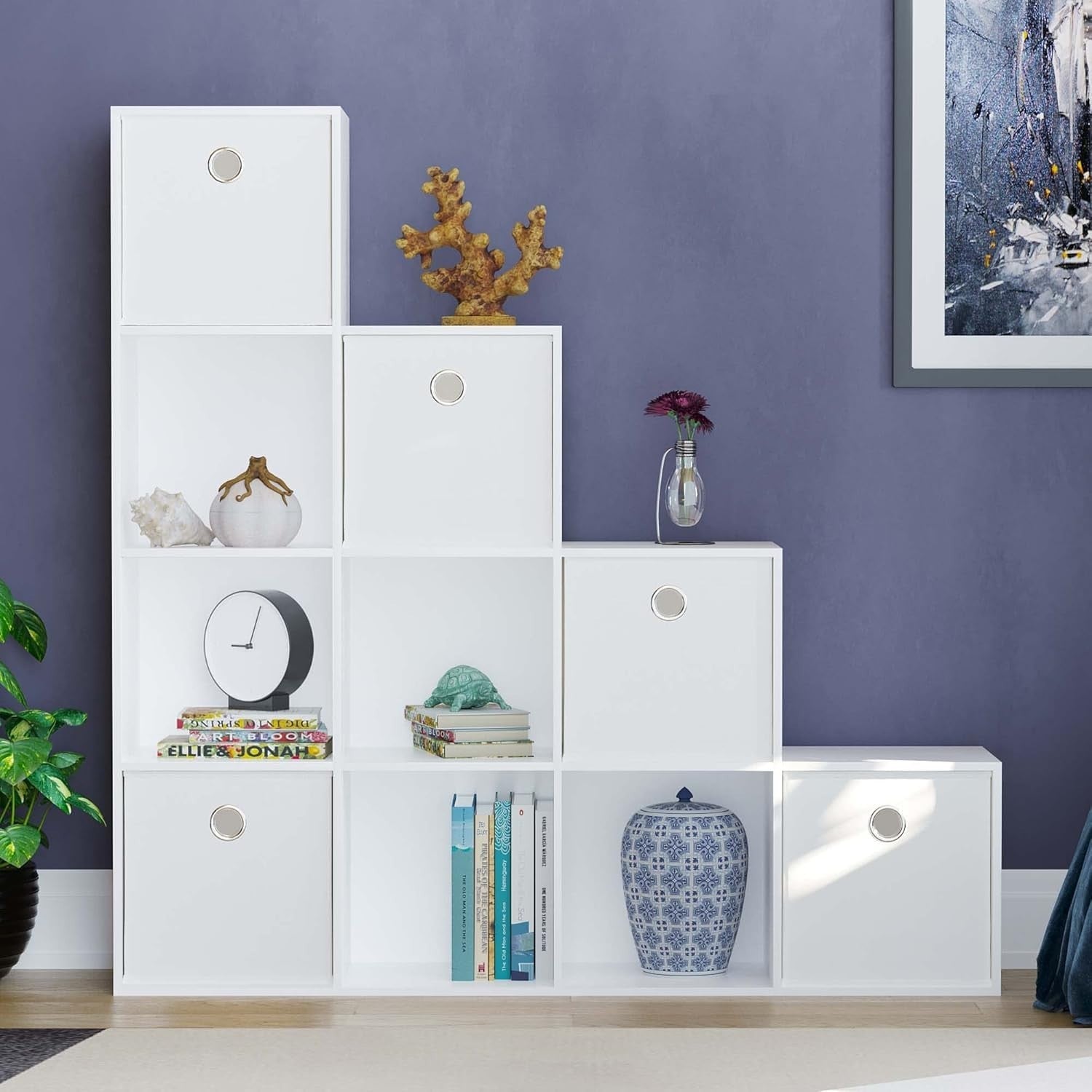 White 10 Cube Staircase Bookcase Storage Unit with 5 White Baskets – Modern