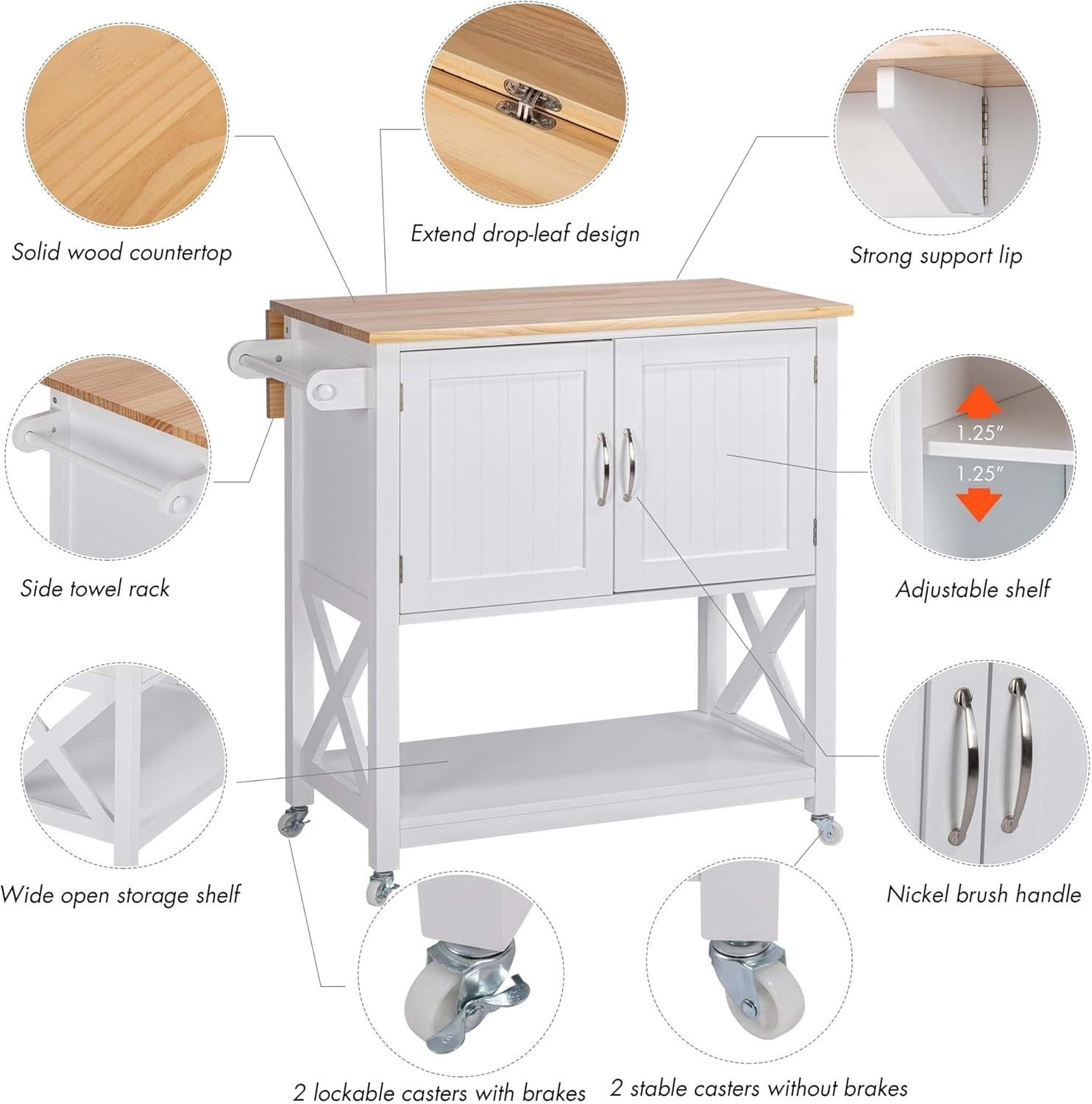Rolling Kitchen Island Cart with Drop Leaf, Storage Cabinet & Towel Rack, White