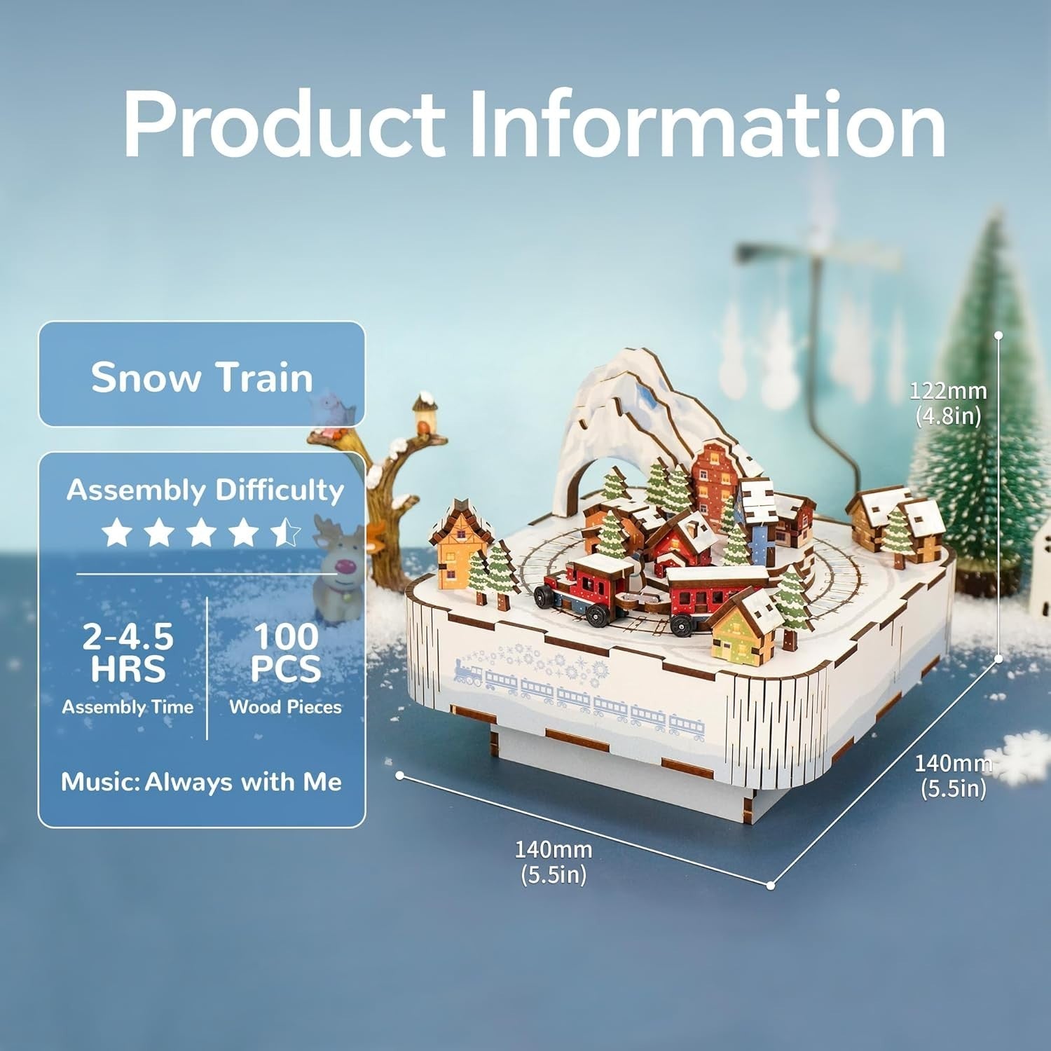 3D Wooden Snow Train Puzzle Music Box DIY Kit Gift Rotating Light-Up Decor