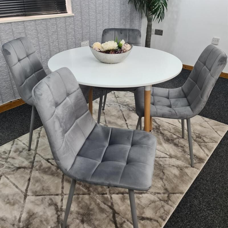 Round White Dining Table Set with 4 Grey Velvet Chairs – 4 Seater Kitchen