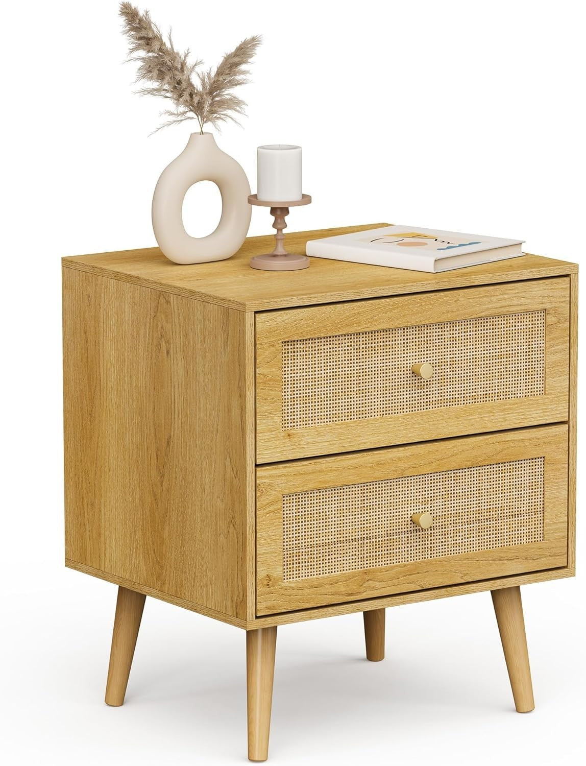 Scandi Rattan Bedside Table with 2 Drawers – Natural Wood Boho Nightstand