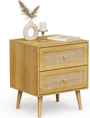 Scandi Rattan Bedside Table with 2 Drawers – Natural Wood Boho Nightstand