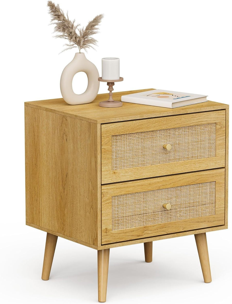 Scandi Rattan Bedside Table with 2 Drawers – Natural Wood Boho Nightstand