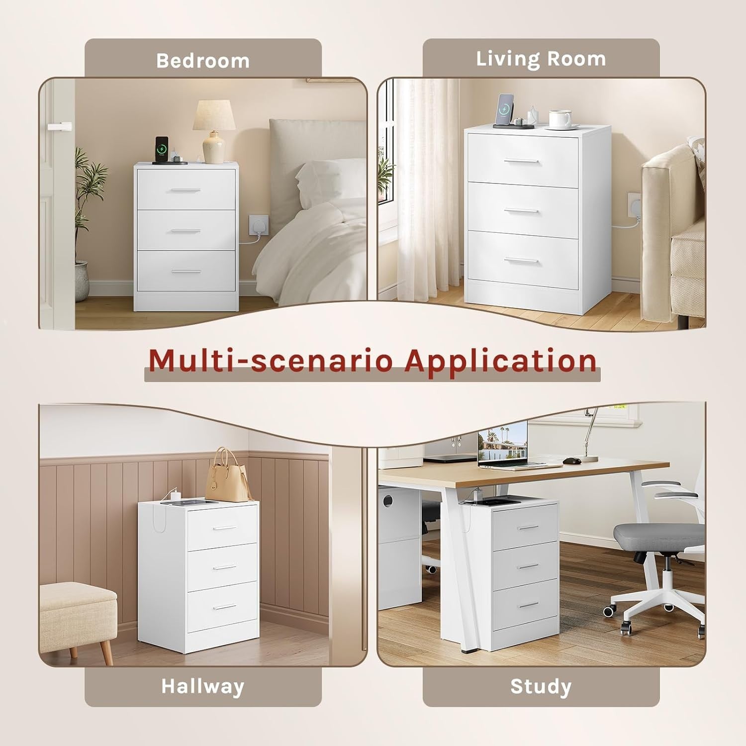 Pair of White 3 Drawer Bedside Tables with Charging Station – Modern Nightstands