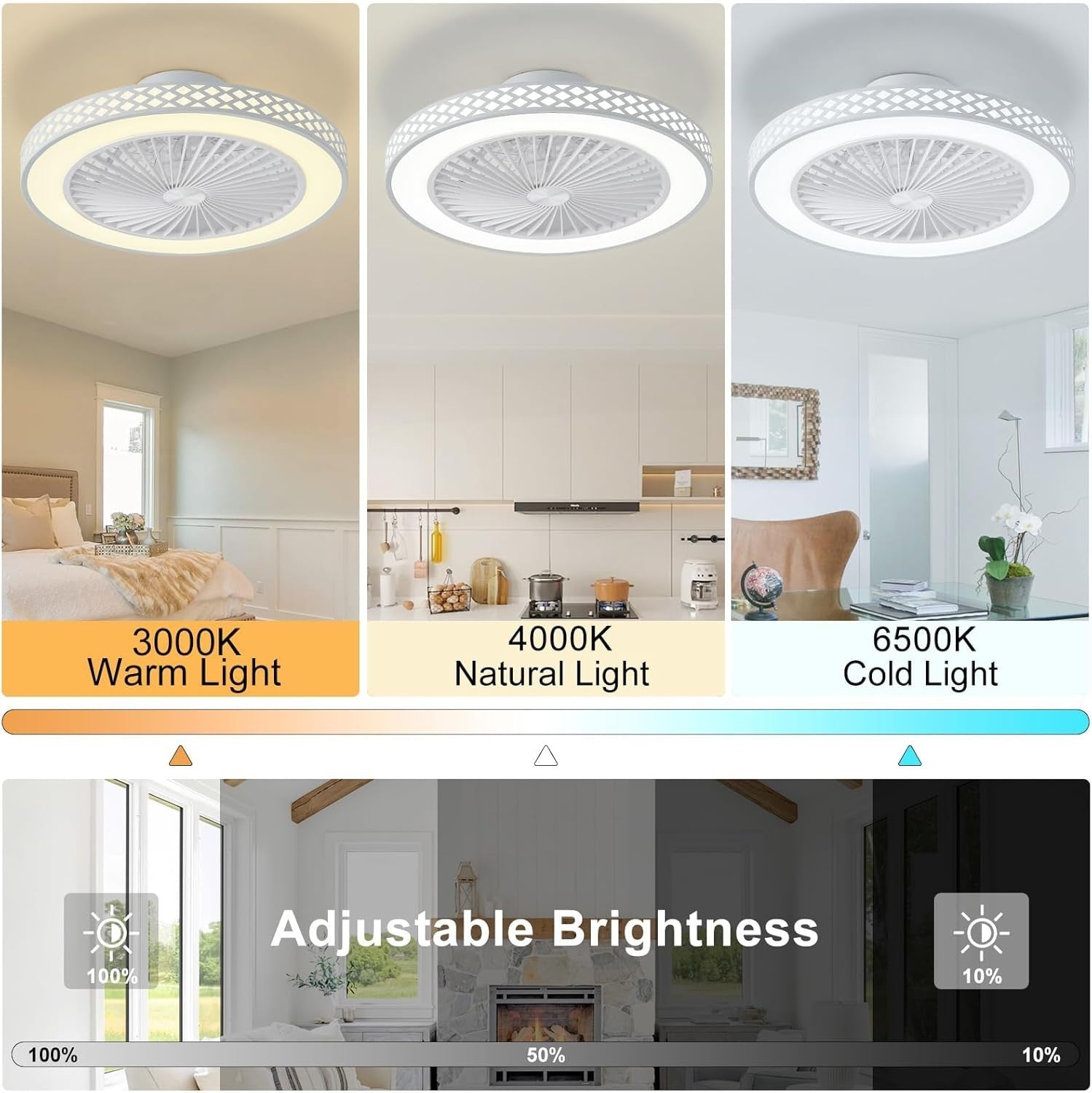 50W Ceiling Fan Light, 3 Speeds, Dimmable LED, Remote Control