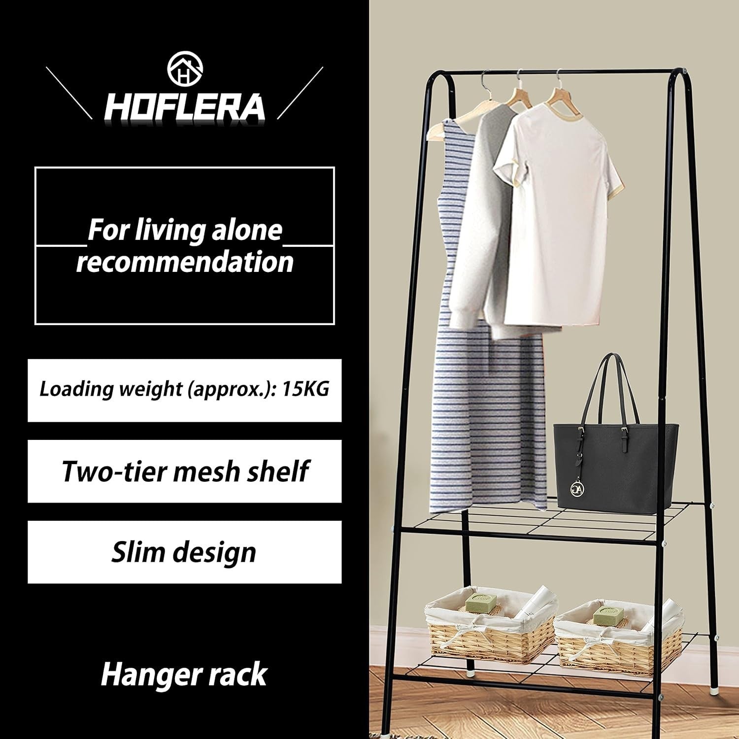 Black Clothes Rail Stand with Metal Shelf 1.5m Space Saver