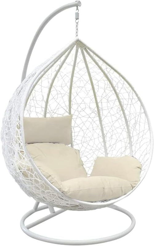 White Rattan Hanging Egg Chair with Stand & Cushion for Indoor Outdoor