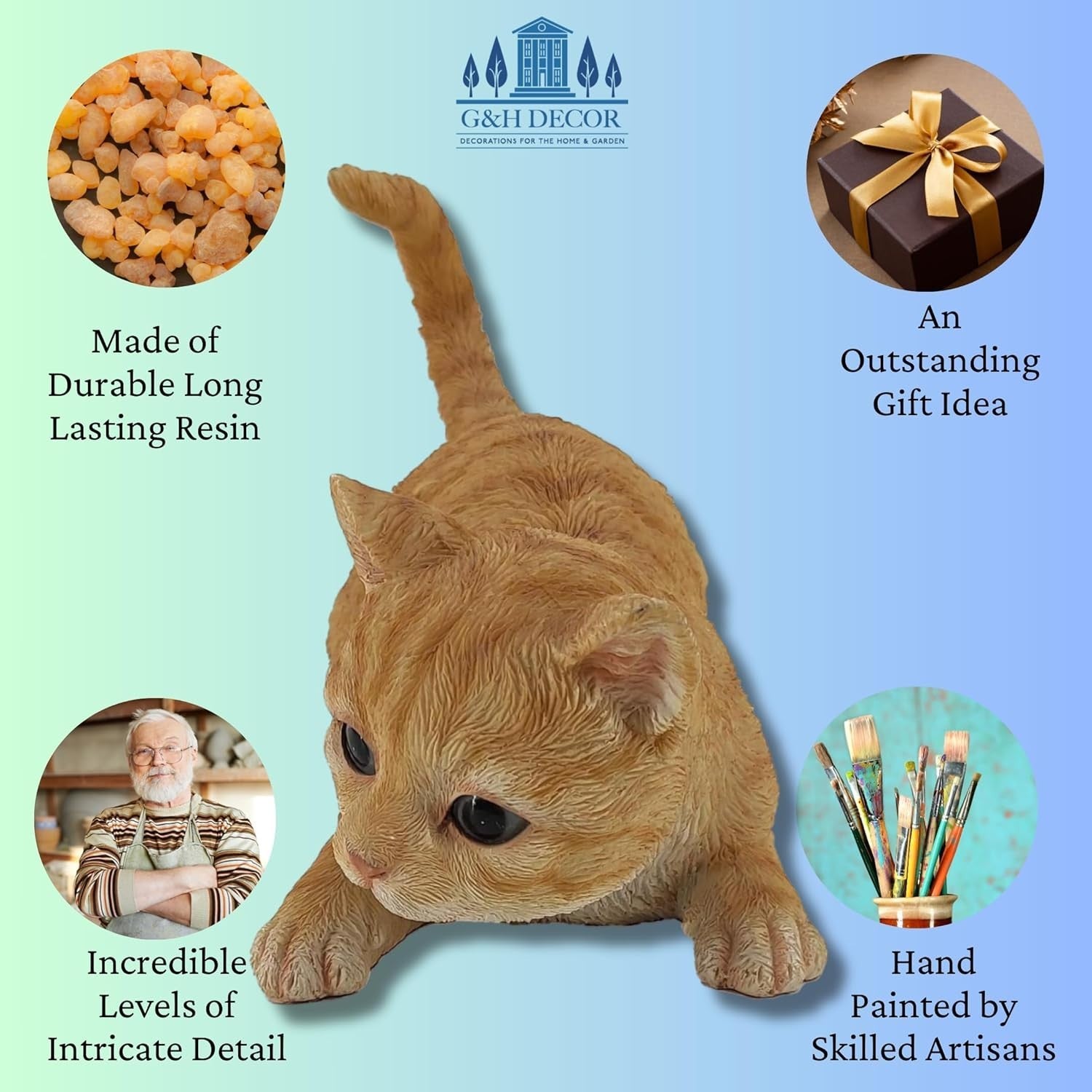 Realistic Ginger Cat Statue Sneaking 32cm Resin Weatherproof Garden Ornament