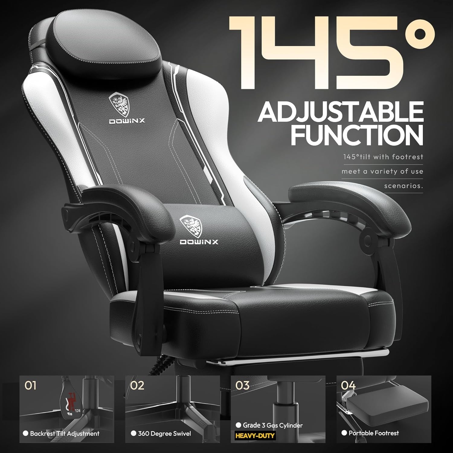 Ergonomic Gaming Chair w/ Pocket Spring Cushion Footrest Massage White
