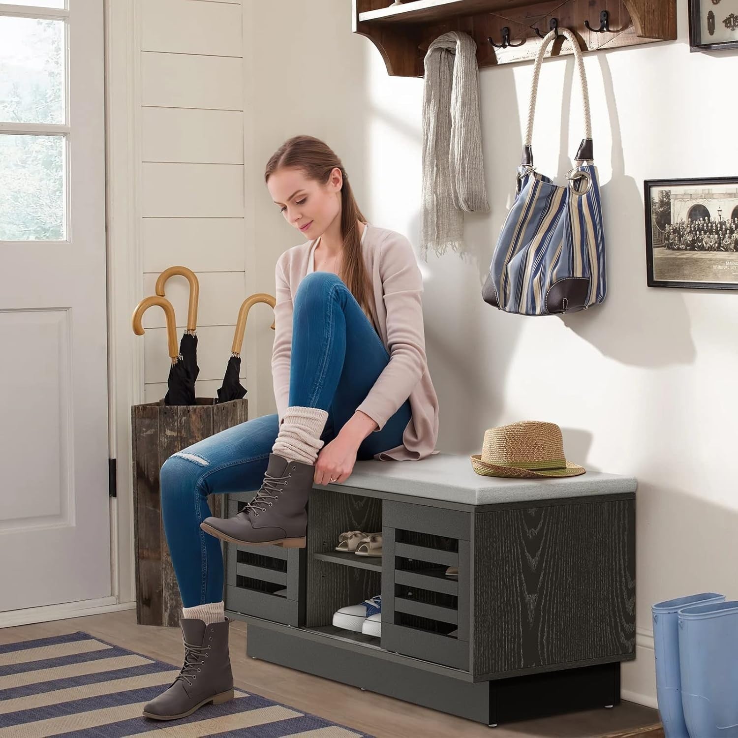 2-Tier Shoe Storage Bench Grey + Dark Grey, 6 Compartments & Sliding Doors