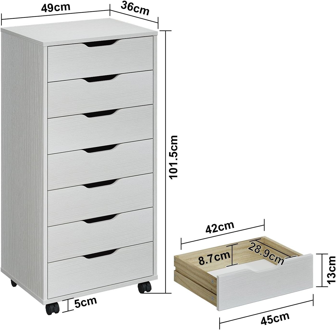 7 Drawer Mobile Filing Cabinet with Wheels Office Storage Chest White
