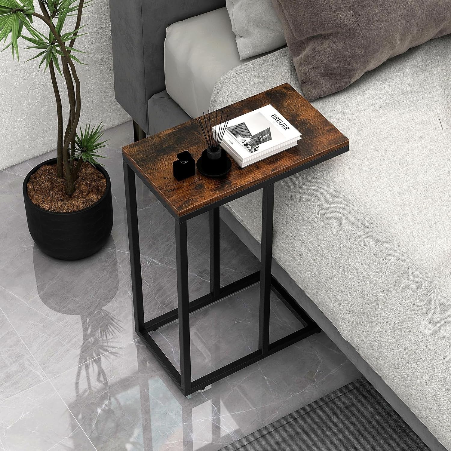 C-Shaped Side Table Rustic Brown | Industrial Sofa Laptop Snack Table 64cm