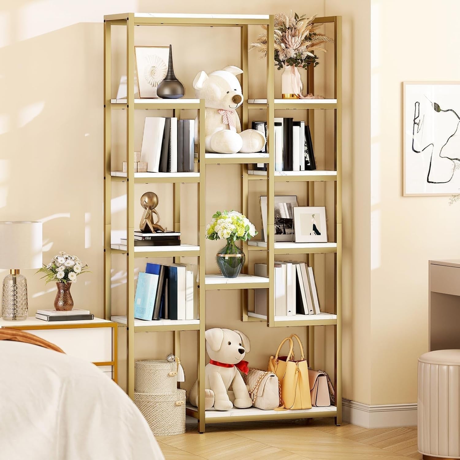 Modern Gold & White 6-Tier Bookcase | 12-Shelf Open Display Storage Unit