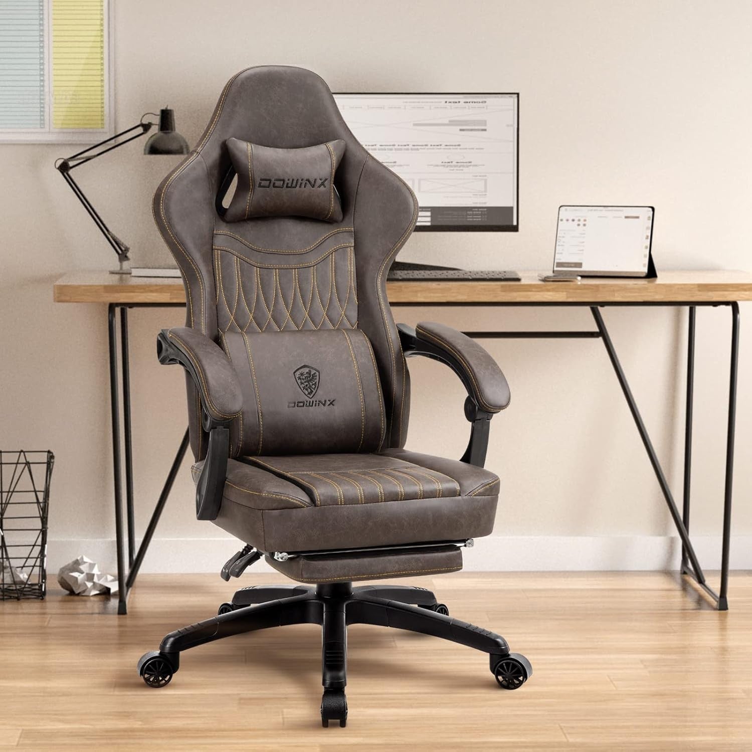 Gaming Chair Recliner with Footrest Massage Lumbar Brown PU Leather