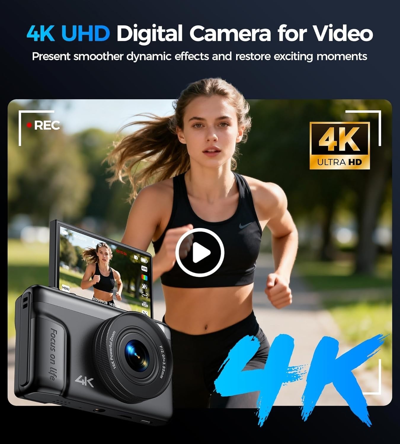 64MP 4K Compact Camera Flip Screen 16X Zoom Vlog Camera Bundle