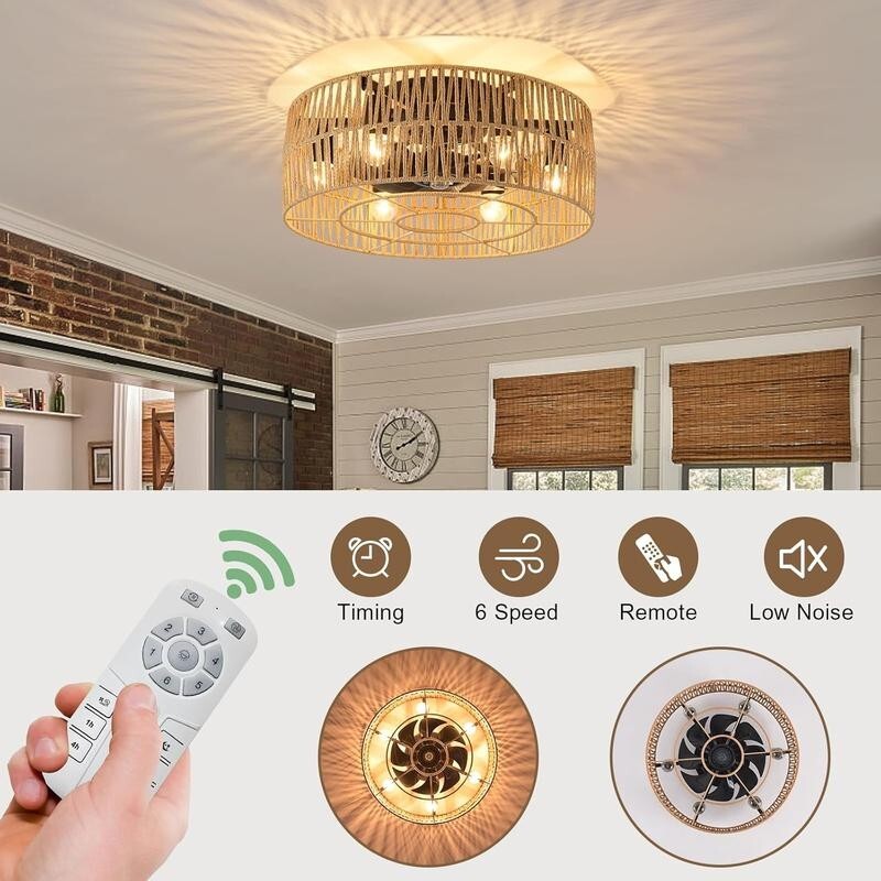 Boho Rattan Ceiling Fan Light Flush Mount E27 Remote 6-Light Rustic 50cm