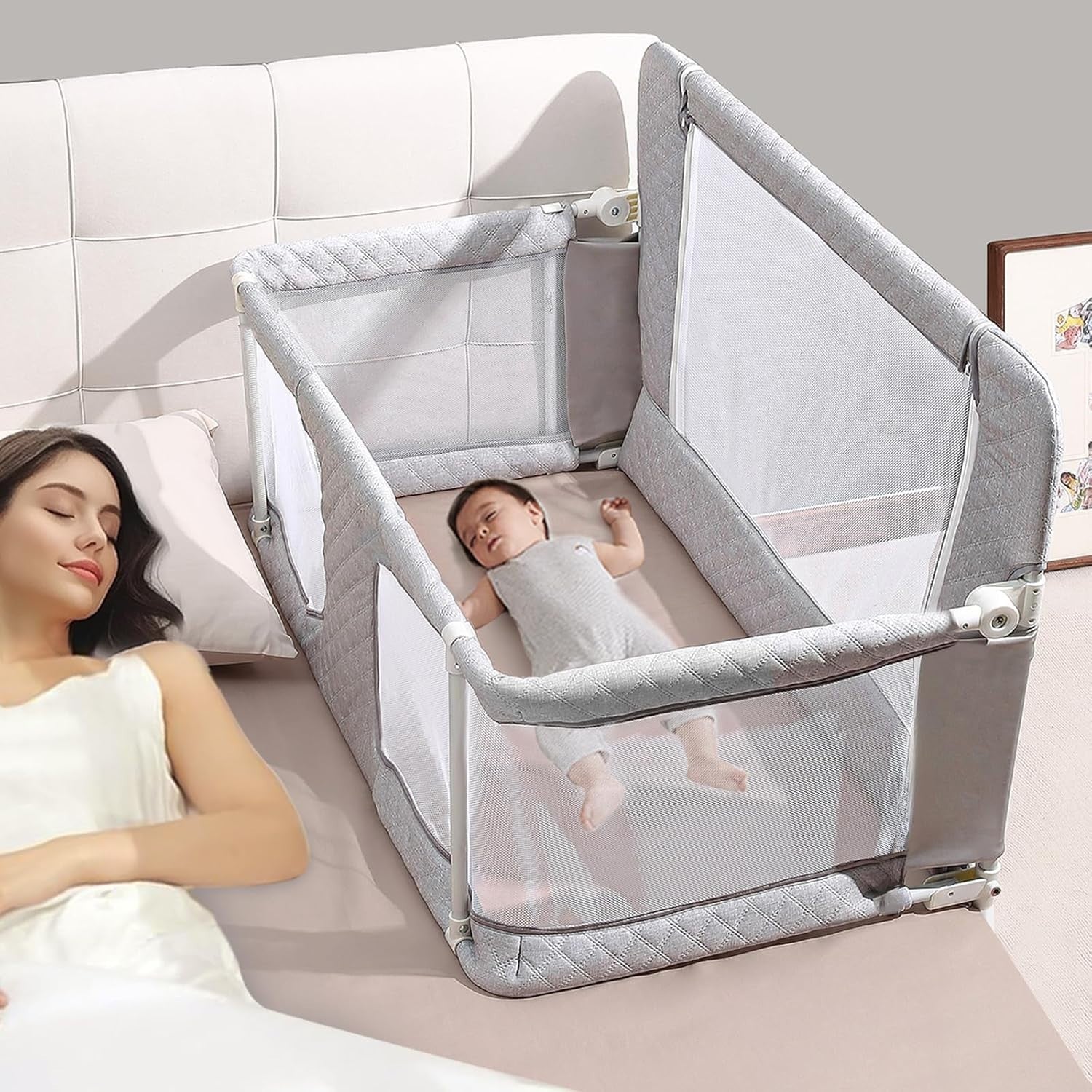 3in1 Folding Baby Crib Bedside Sleeper Playpen Portable Cot with Mesh Grey