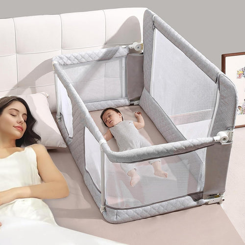 3in1 Folding Baby Crib Bedside Sleeper Playpen Portable Cot with Mesh Grey