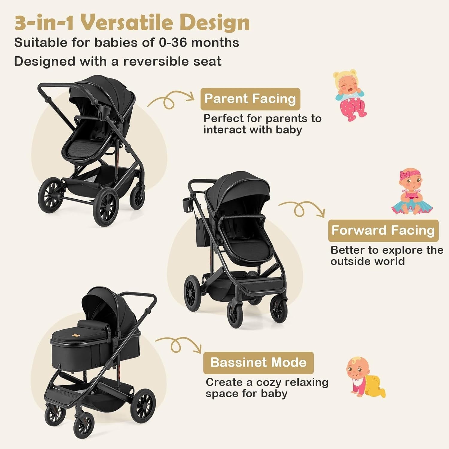 3in1 Baby Stroller Travel System Foldable Pushchair Reversible Seat Bassinet