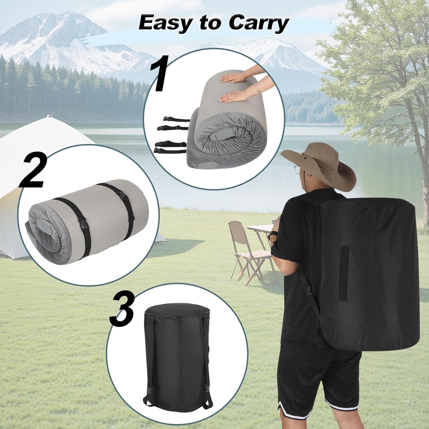 Memory Foam Camping Mattress Portable Roll-Up Mat Indoor Outdoor Sleeping Pad