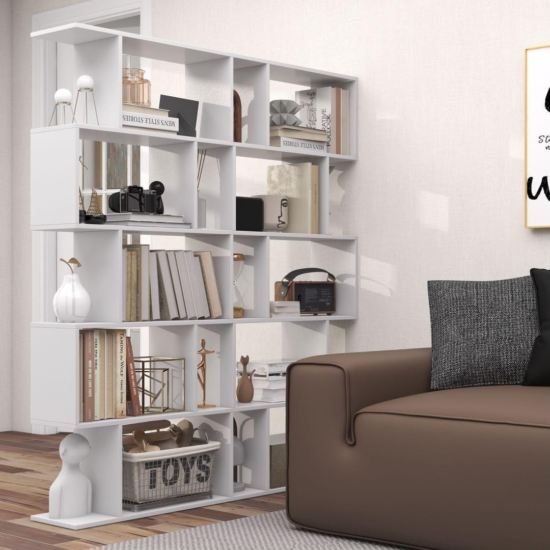 Modern S-Shape 5 Tier Bookshelf White | Freestanding Display Shelving Unit 70×15